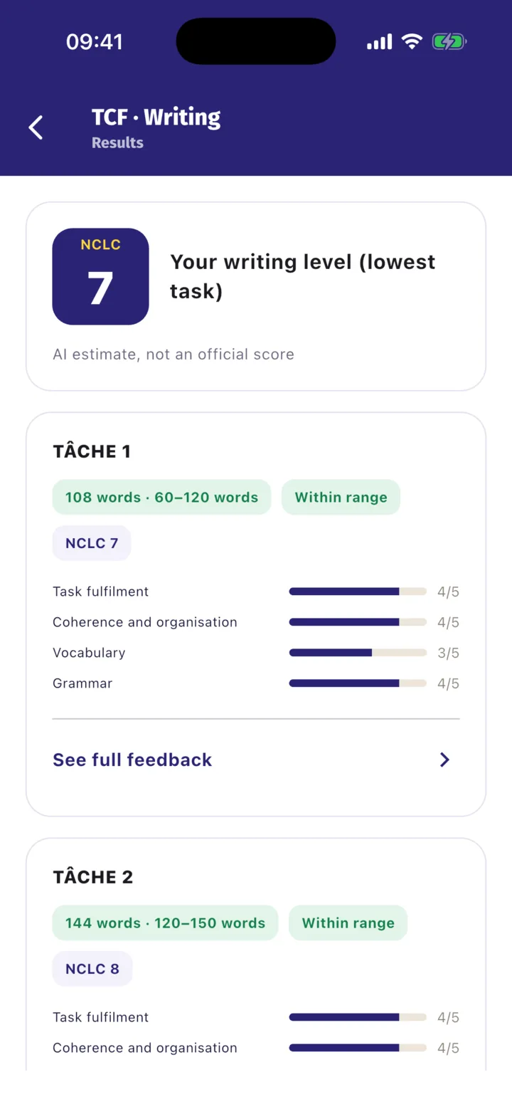 Writing AI feedback with an estimated NCLC level