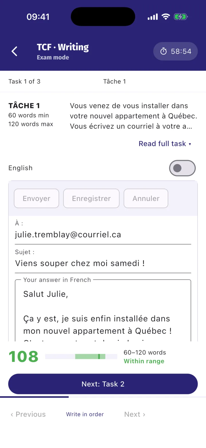 Writing practice in TCF TEF TIP